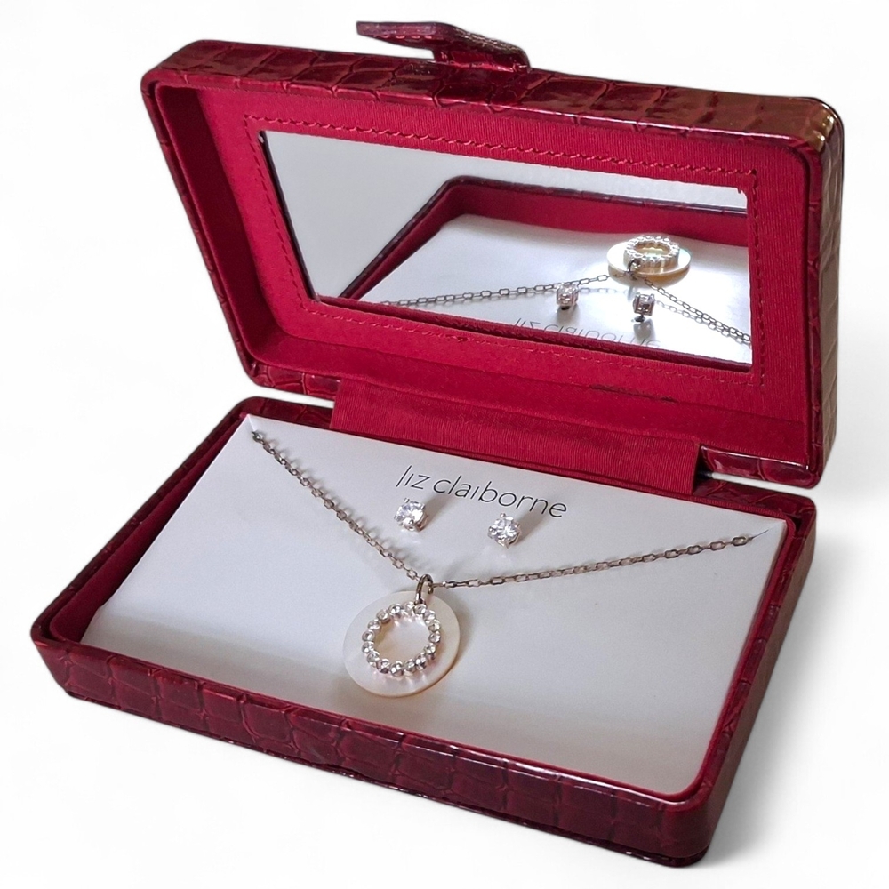 Vintage Liz Claiborne Crystal And Pearl Like Necklace with Earrings And Gift Box